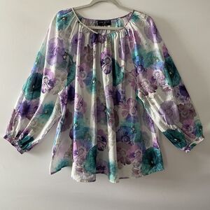 Lane Bryant Watercolor Floral Blouse Keyhole Neck Gathered Top Size 18/20